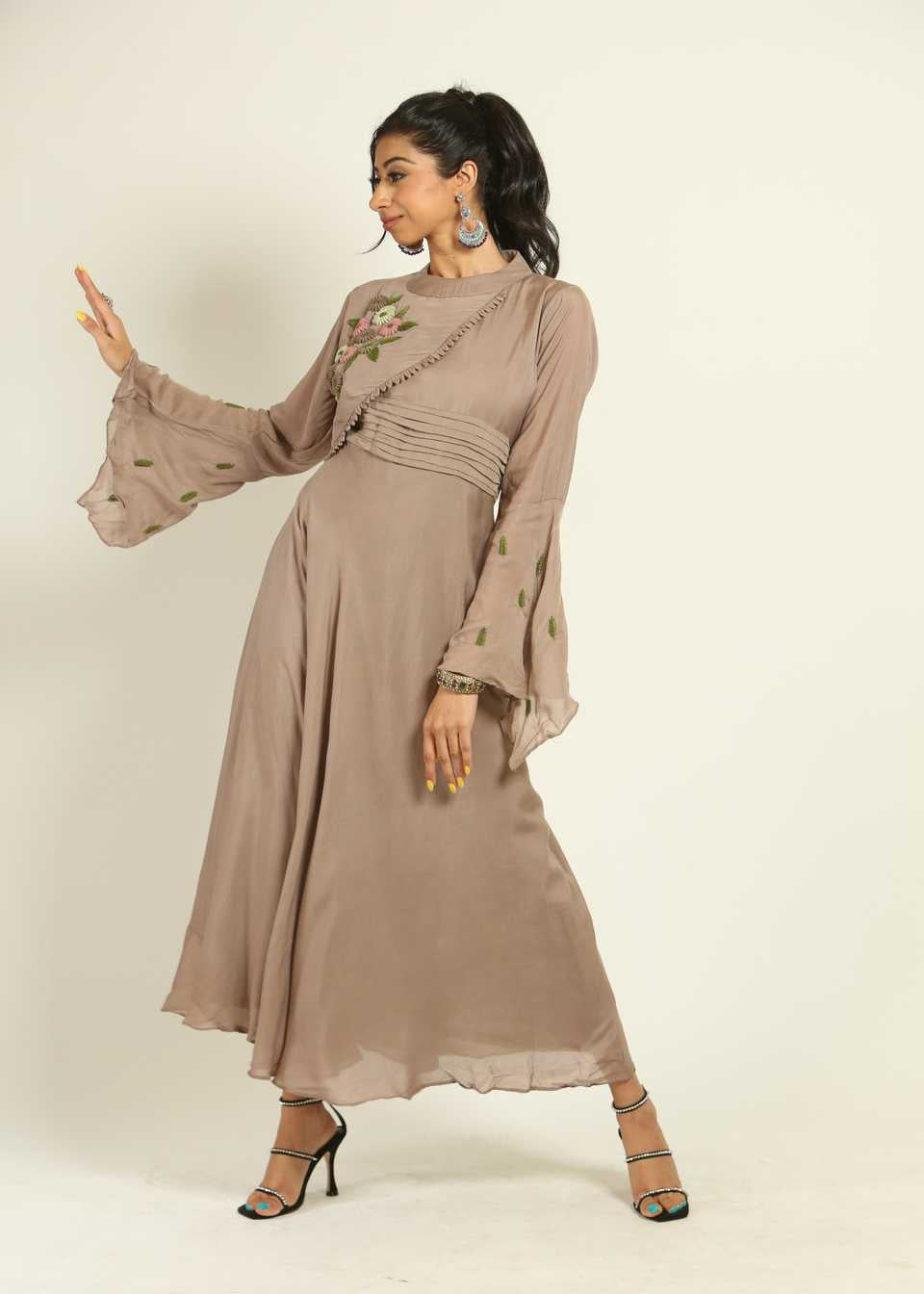 Mushroom Cotton Gown with Floral Hand Embroidery Work - Anvi Couture