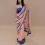 Peach and Blue Georgette Designer Saree with Coin Sequin work, Gota Patti Embroidered Blouse and Tassel Pallu - Anvi Couture