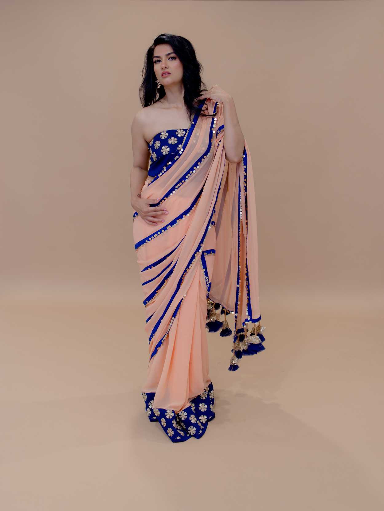 Peach and Blue Saree