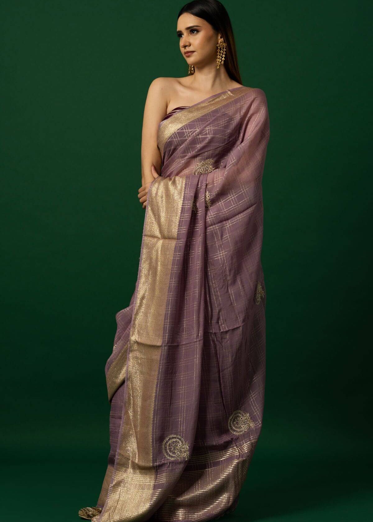 Lavender Organza Saree with Gold Embroidery Border for Festive Wear