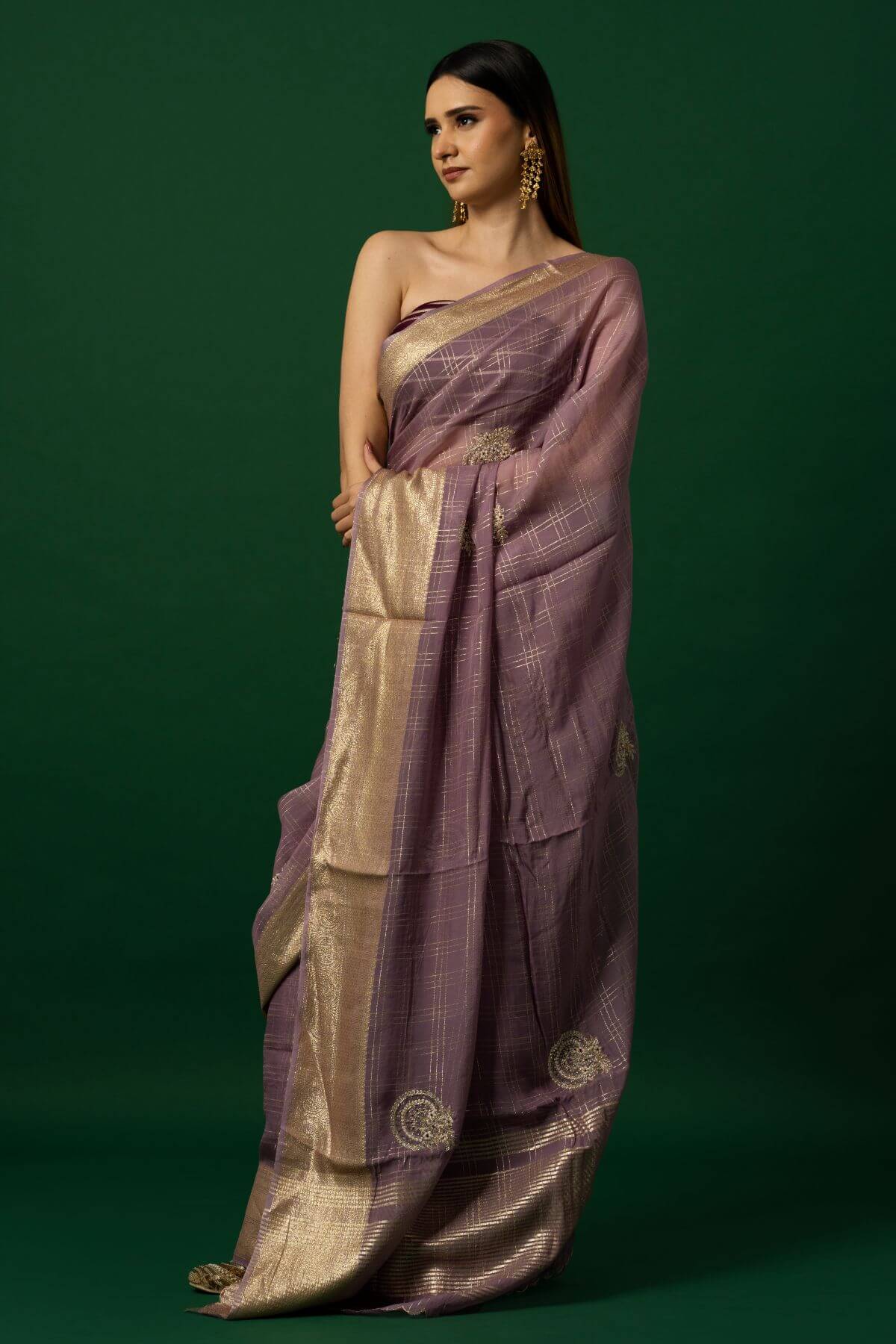 Lavender Organza Saree with Gold Embroidery Border for Festive Wear