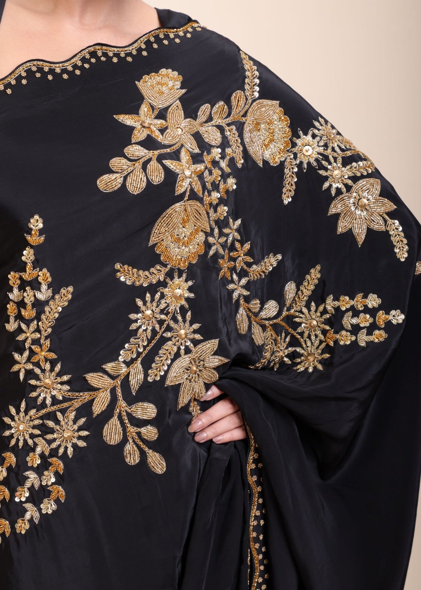 Black Designer Hand Embroidered Saree - Anvi Couture