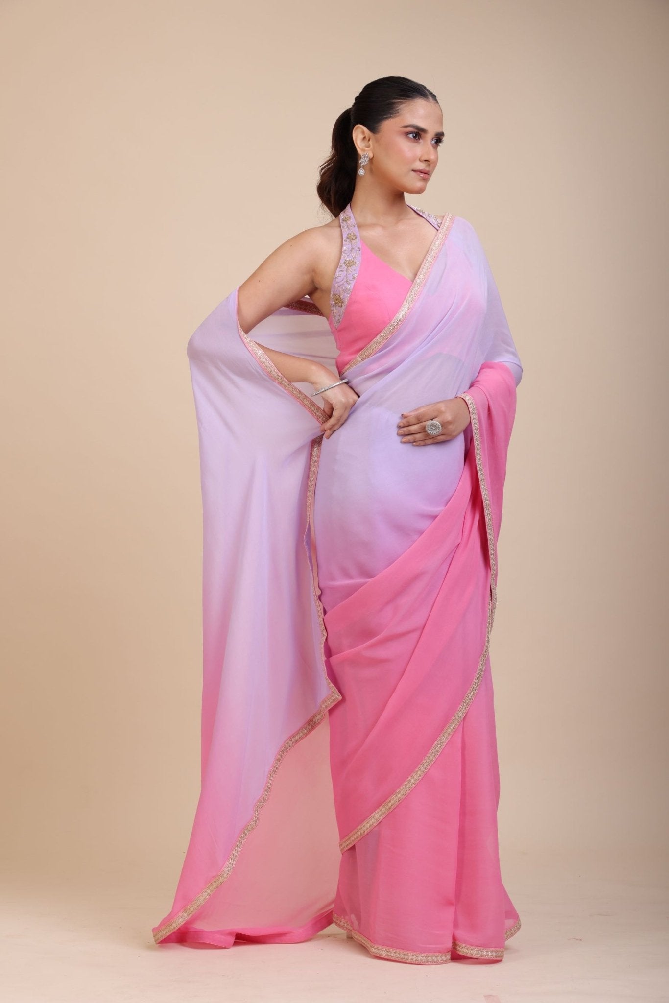 Baby Pink and Lavender Georgette Saree - Anvi Couture