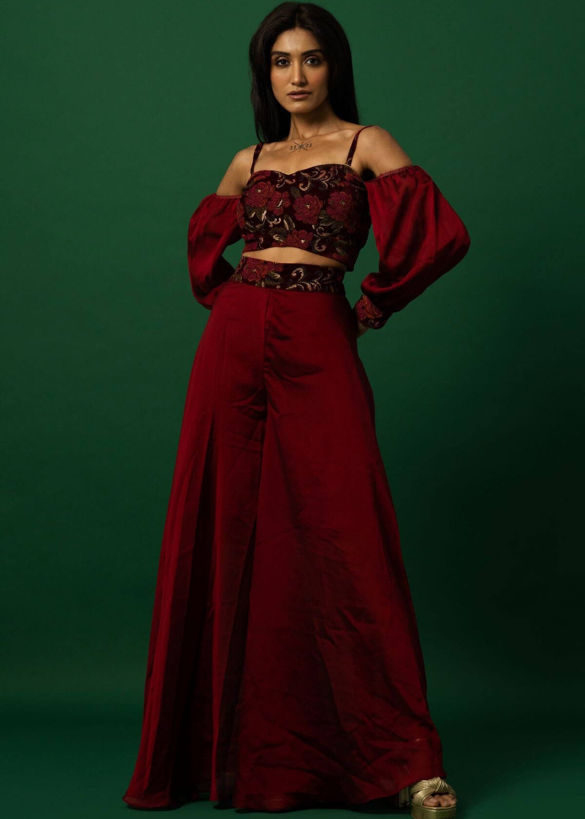 Trendy Maroon Crop Top and Palazzo Pant Set for Women - Party Wear