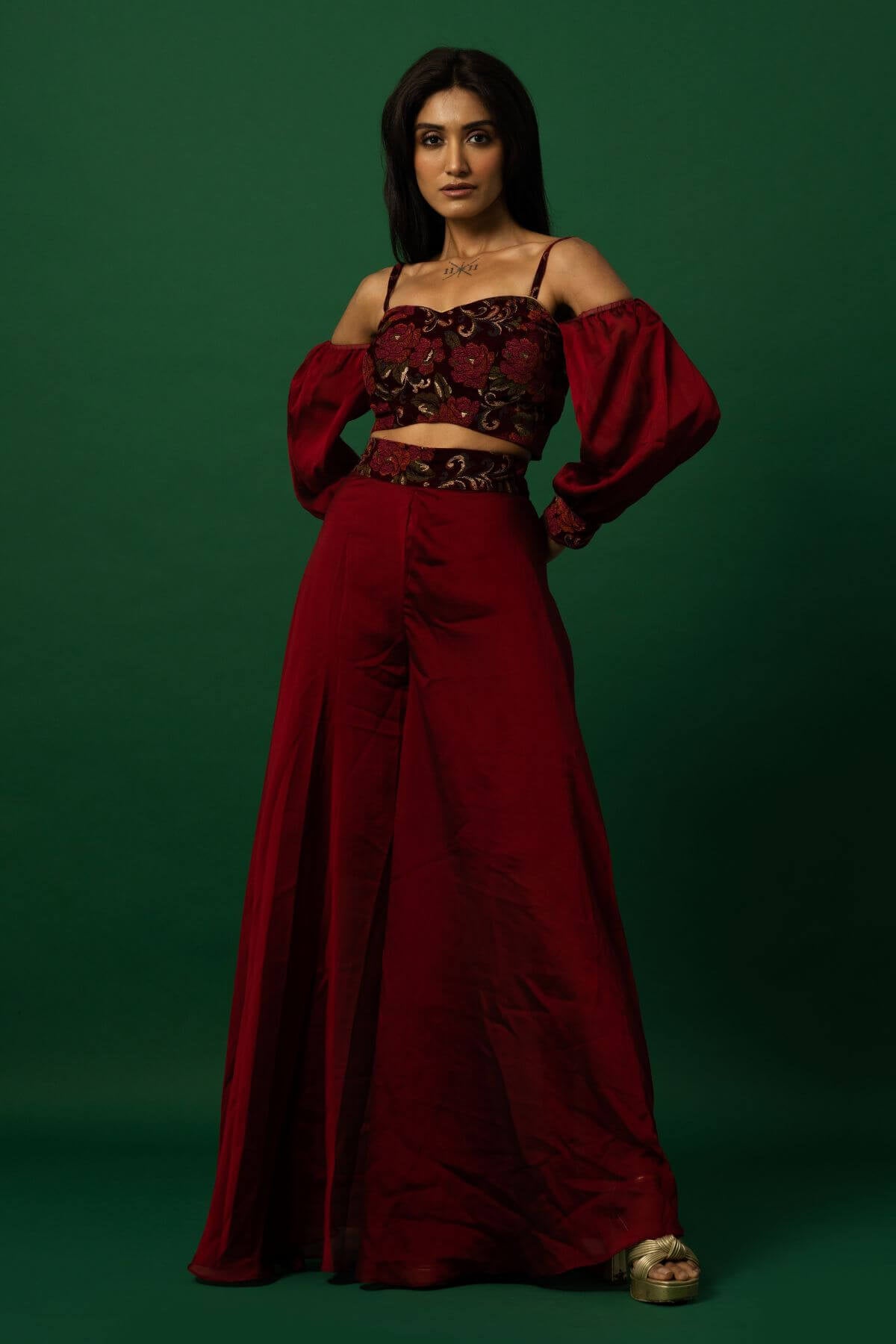 Trendy Maroon Crop Top and Palazzo Pant Set for Women - Party Wear