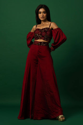 Maroon Crop Top and Palazzo Pant Set