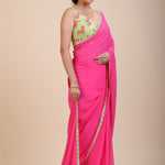 Pink Georgette Saree With Green Floral Embroideredy - Anvi Couture