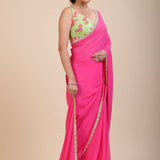 Pink Georgette Saree With Green Floral Embroideredy - Anvi Couture