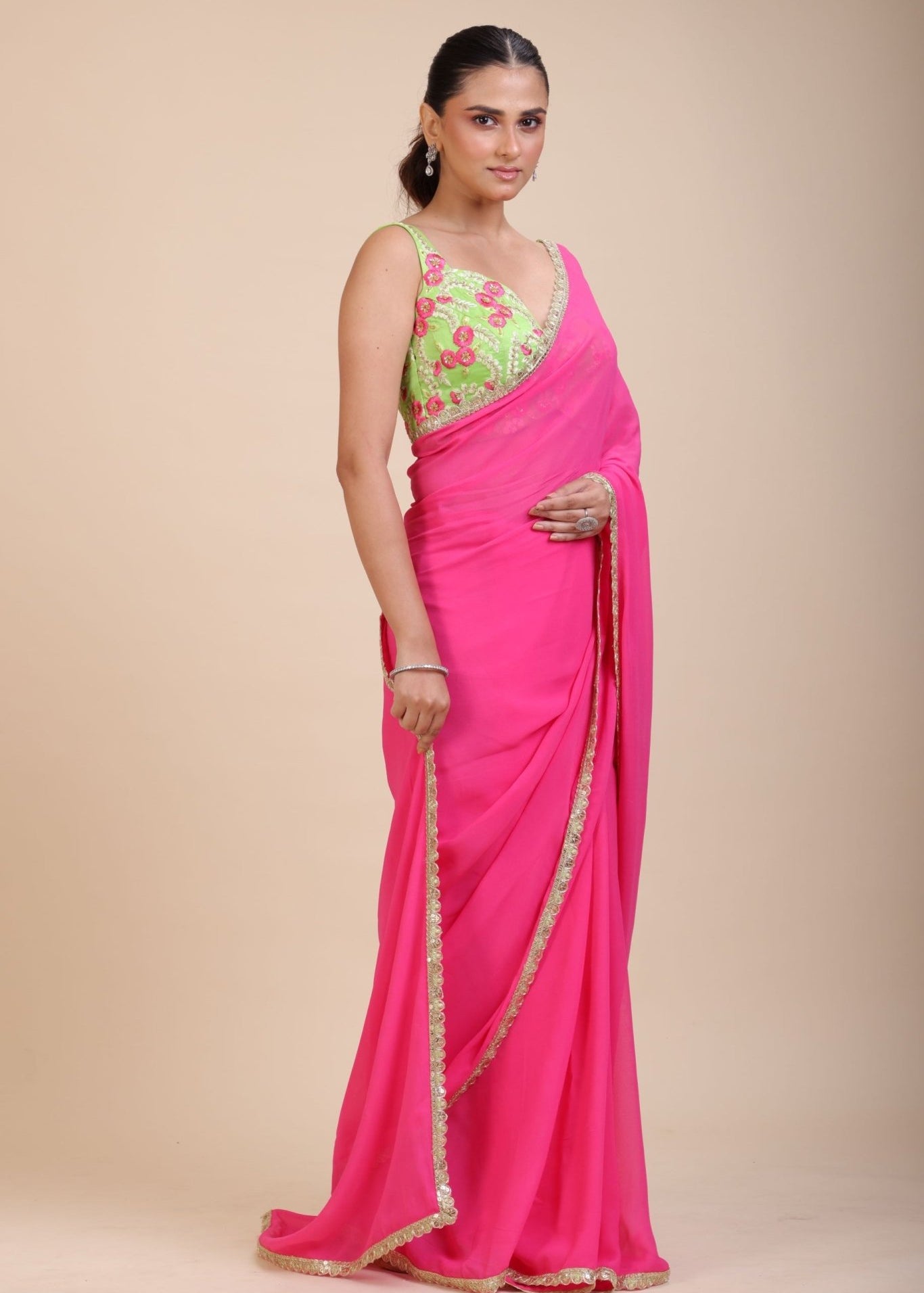 Pink Georgette Saree With Green Floral Embroideredy - Anvi Couture