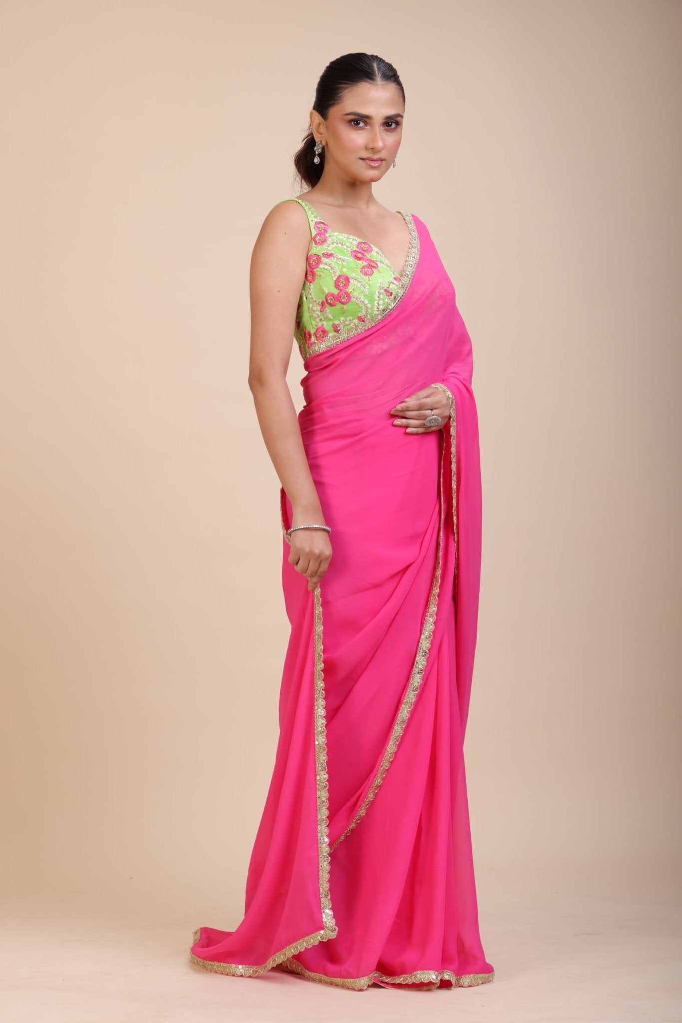 Pink Georgette Saree With Green Floral Embroideredy - Anvi Couture