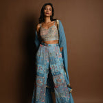 Blue Cape Set with Embroidered Crop Top and Printed Palazzo - Anvi Couture