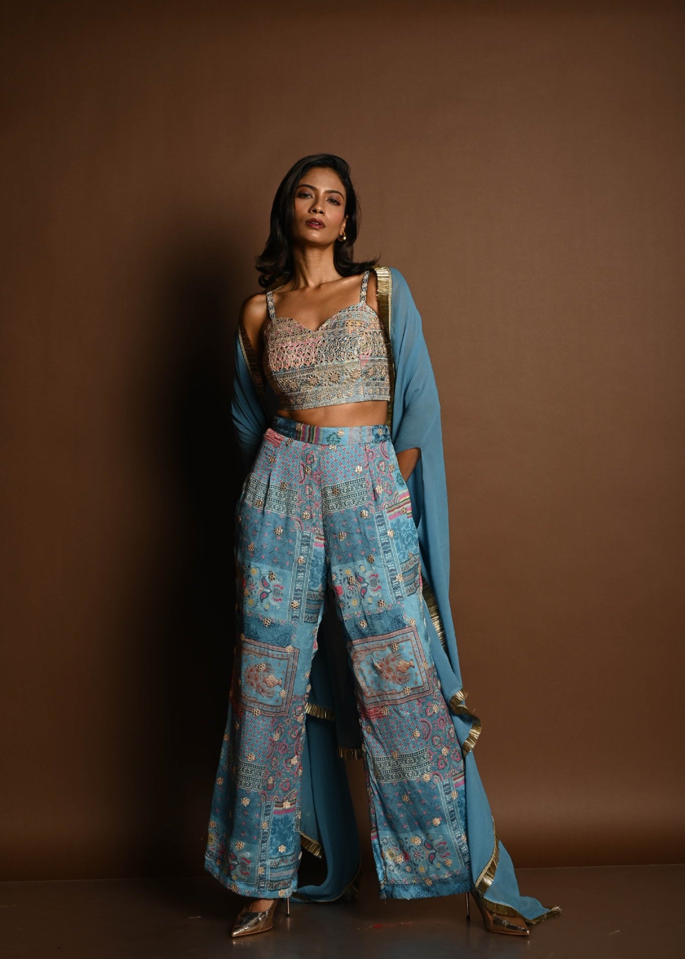 Blue Cape Set with Embroidered Crop Top and Printed Palazzo - Anvi Couture