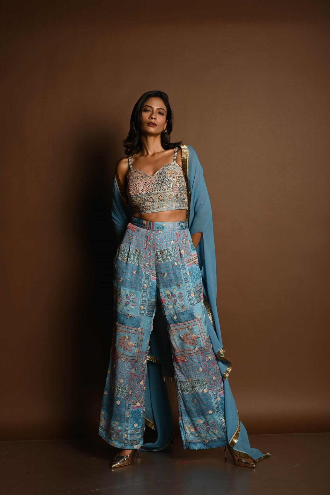 Blue Cape Set with Embroidered Crop Top and Printed Palazzo - Anvi Couture