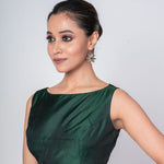 Dark Green Boat Neck Sleeveless Blouse in Pure Silk - Anvi Couture