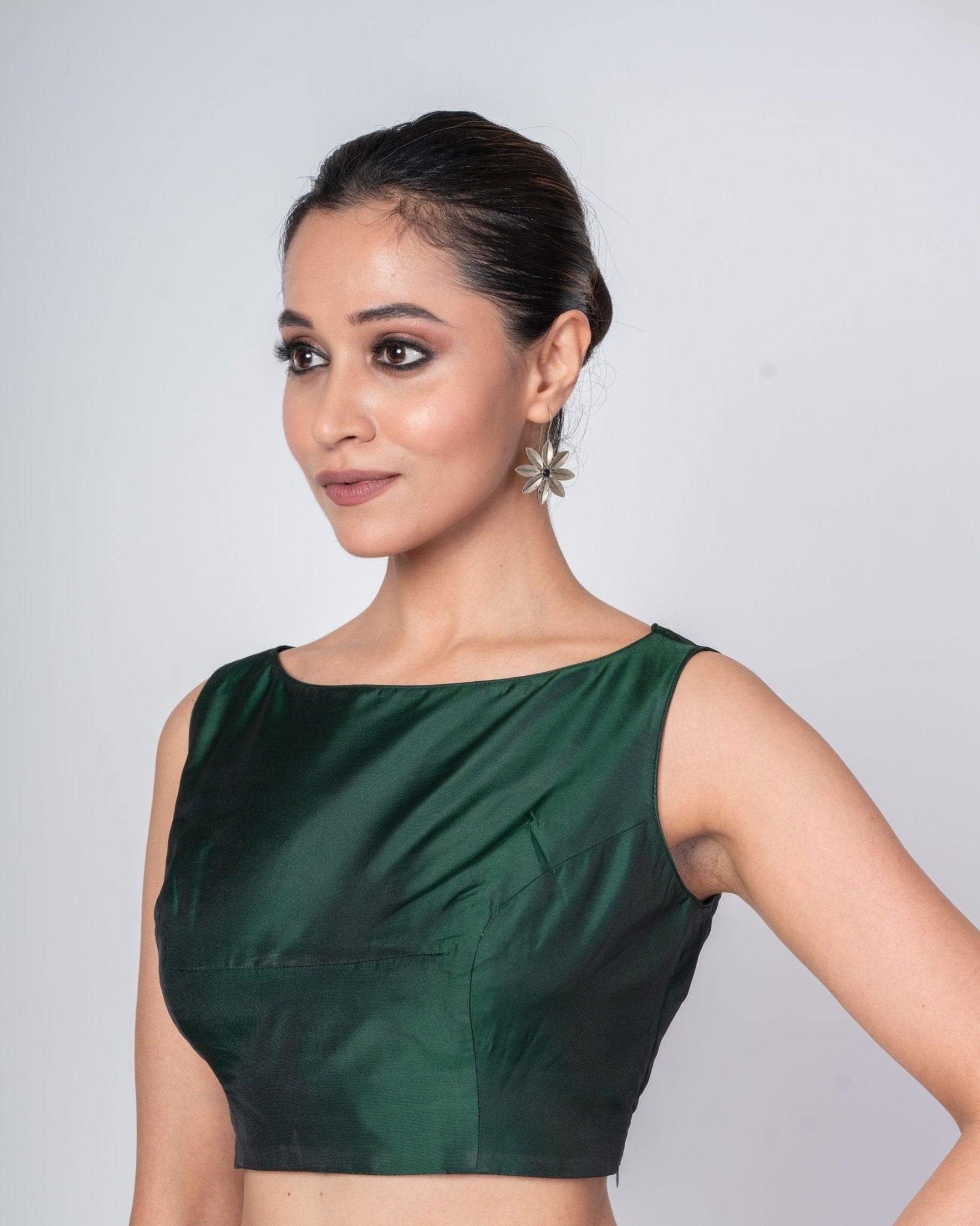 Dark Green Boat Neck Sleeveless Blouse in Pure Silk - Anvi Couture