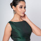 Dark Green Boat Neck Sleeveless Blouse in Pure Silk - Anvi Couture