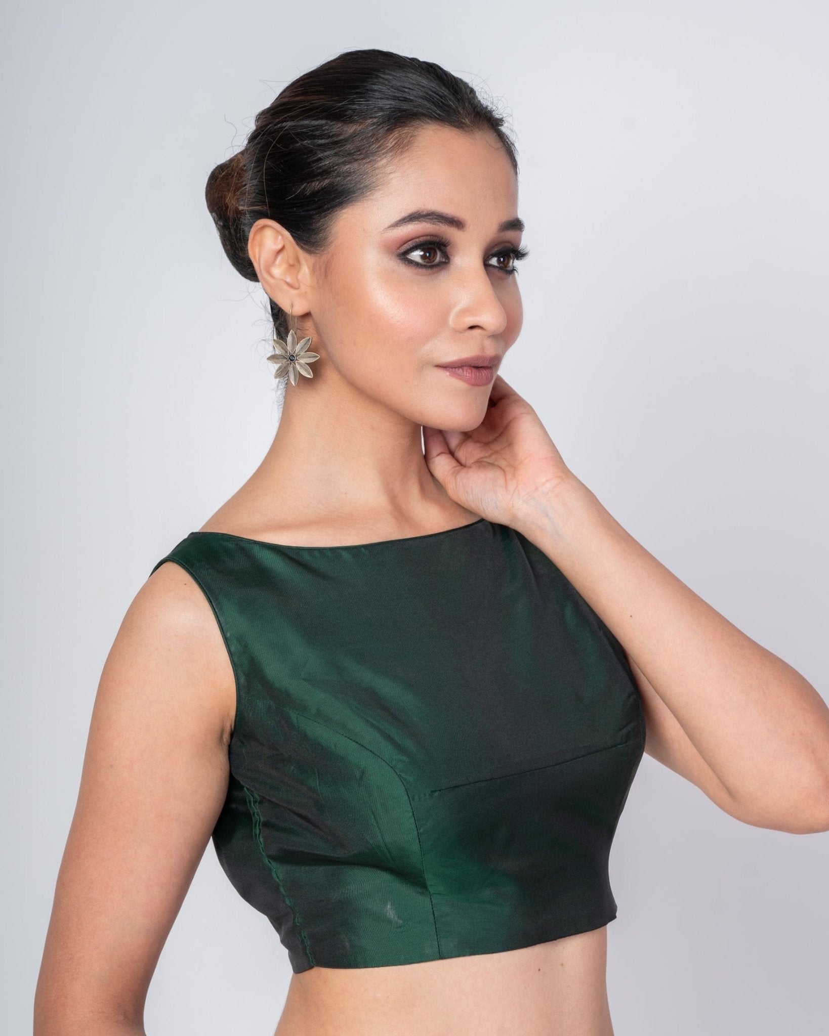 Dark Green Boat Neck Sleeveless Blouse in Pure Silk - Anvi Couture