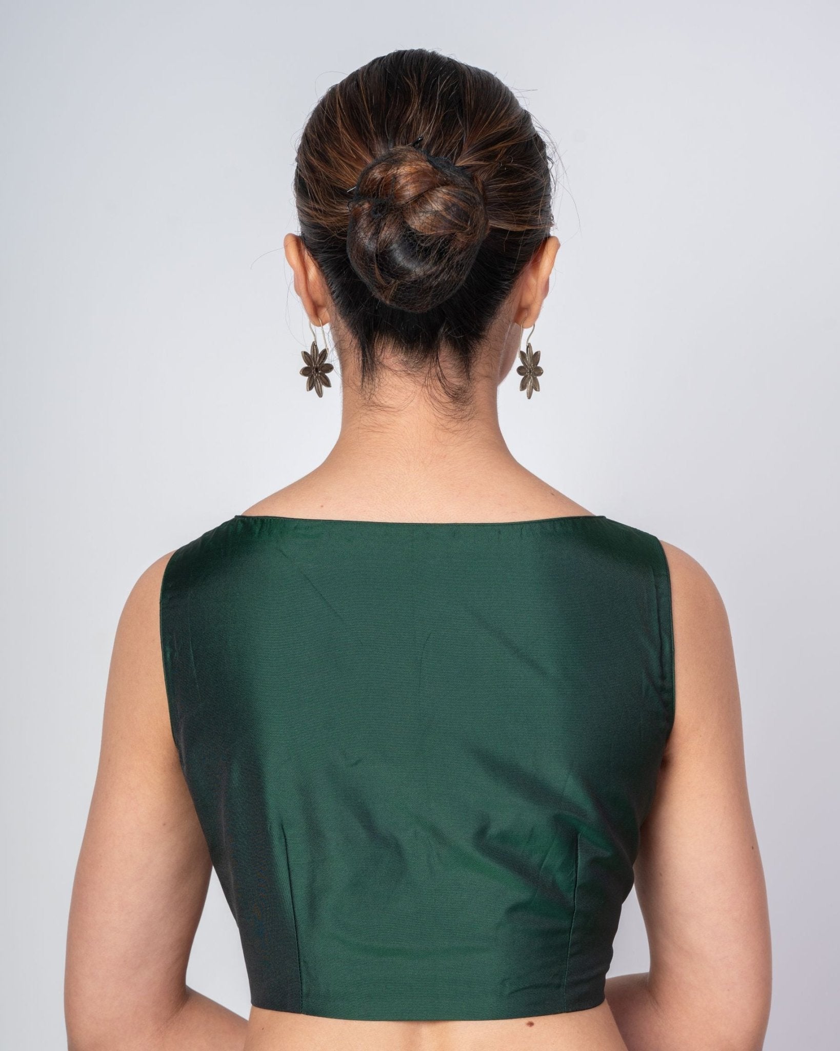 Dark Green Boat Neck Sleeveless Blouse in Pure Silk - Anvi Couture