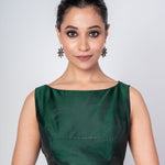 Dark Green Boat Neck Sleeveless Blouse in Pure Silk - Anvi Couture