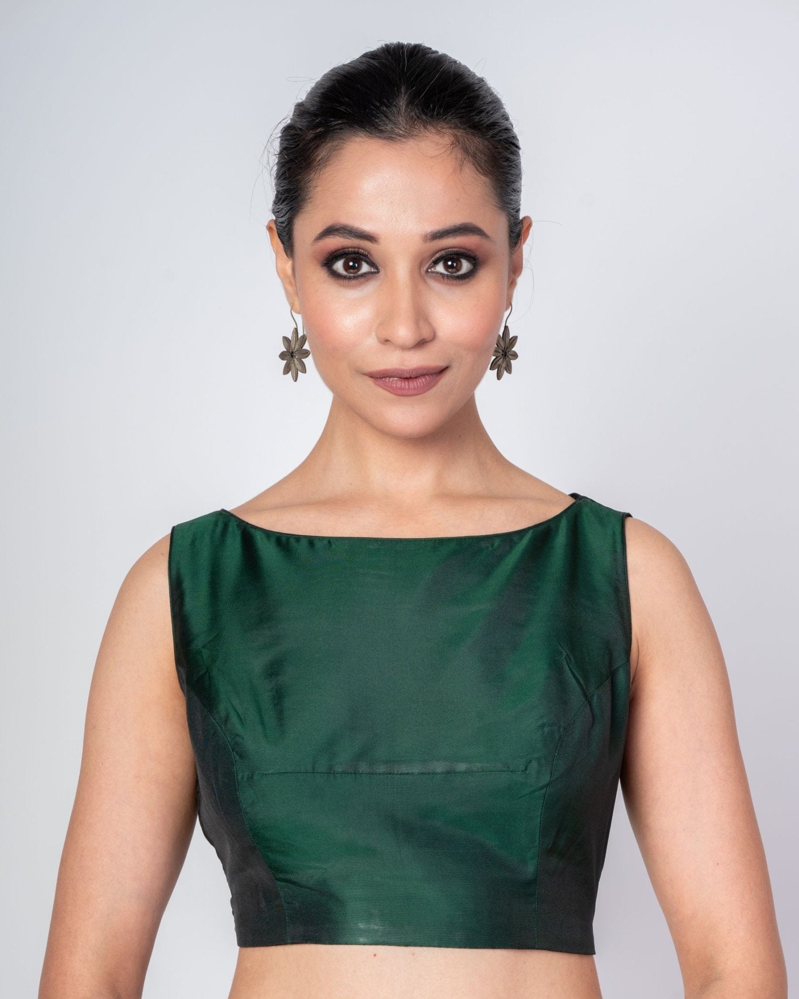 Dark Green Boat Neck Sleeveless Blouse in Pure Silk - Anvi Couture