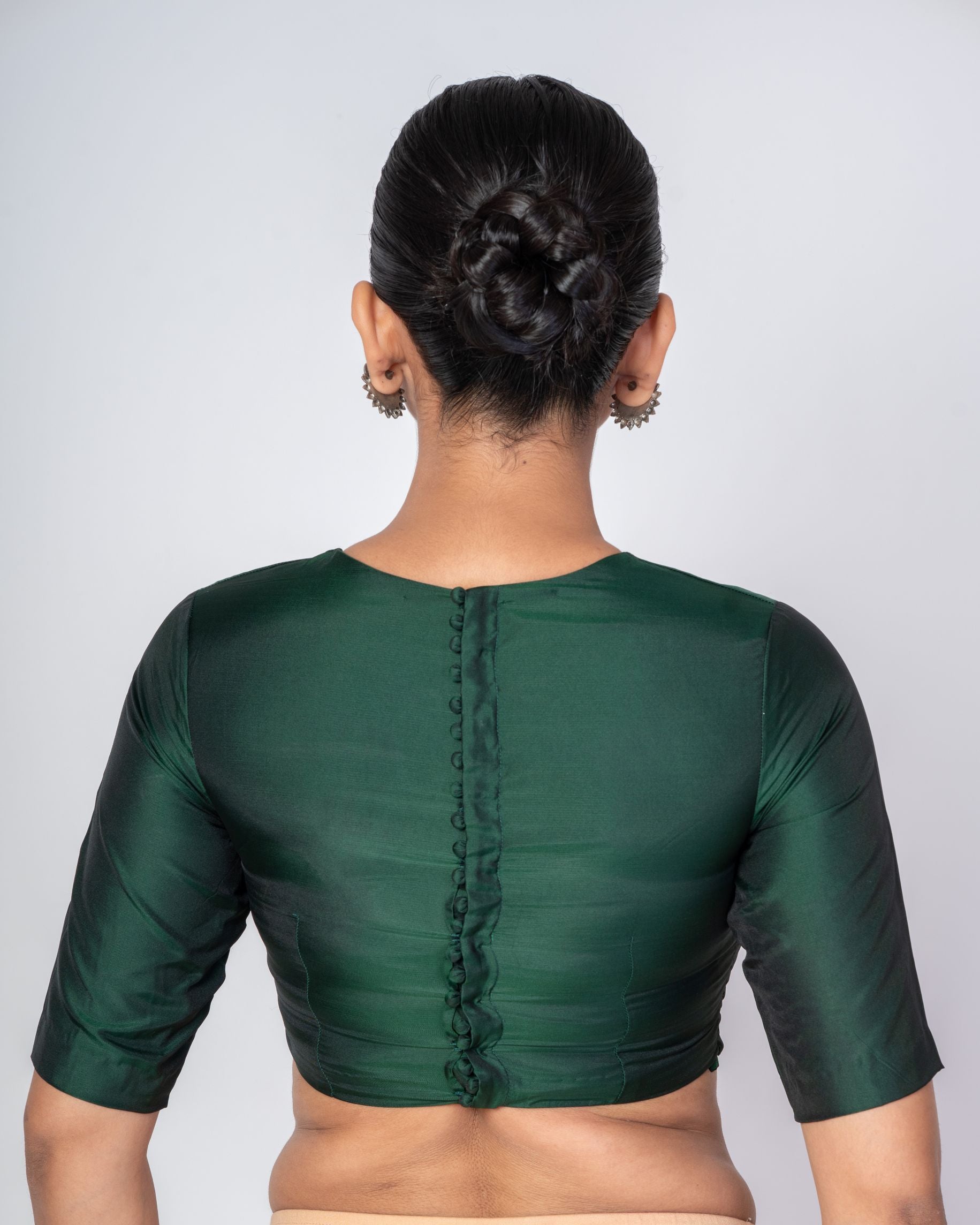  Dark Green Zero Neck Blouse with Back Hook Closure & Elbow Sleeves-Anvi Couture-Image4
