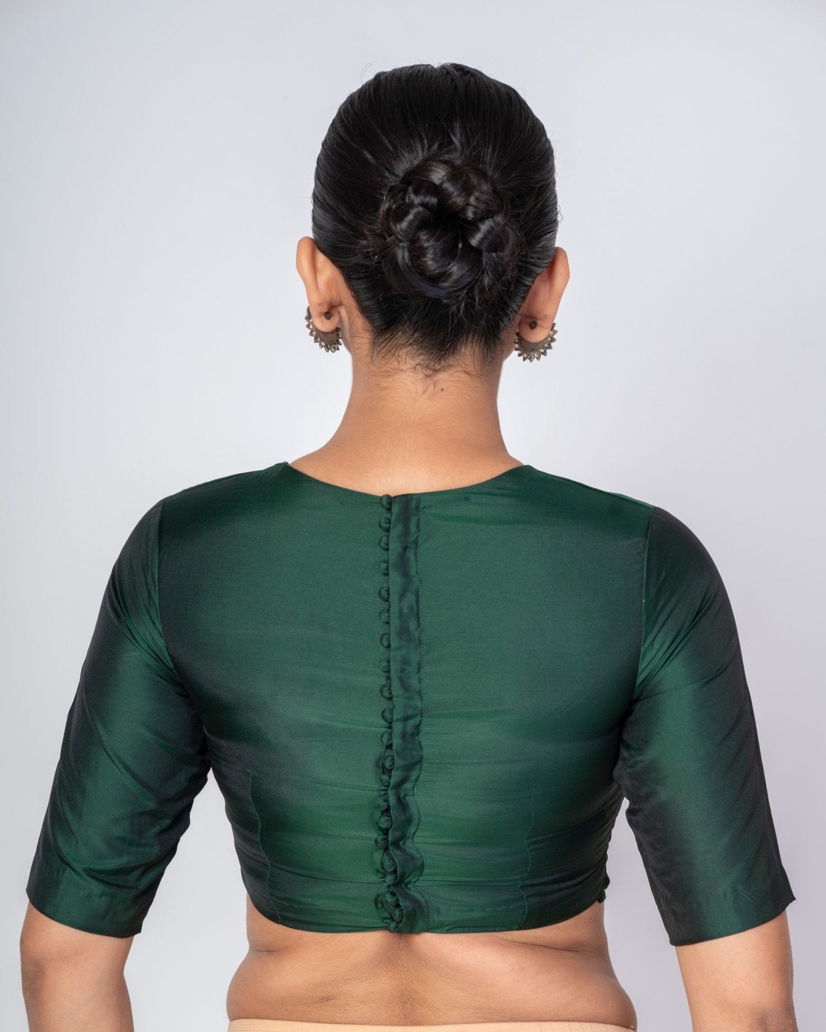 Dark Green Zero Neck Blouse with Back Hook Closure & Elbow Sleeves - Anvi Couture