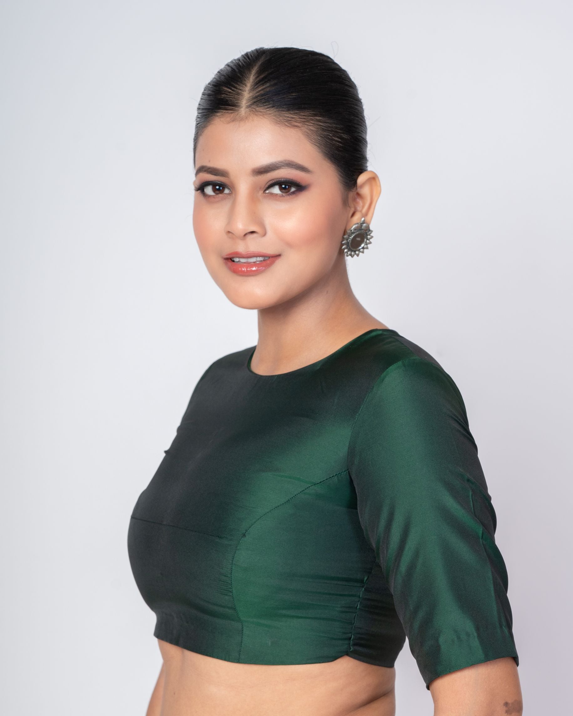  Dark Green Zero Neck Blouse with Back Hook Closure & Elbow Sleeves-Anvi Couture-Image3
