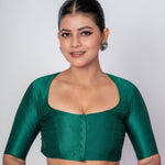 Dark Green Raw Silk Blouse with Deep Round Neckline and Elbow Sleeves - Anvi Couture