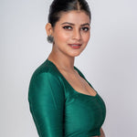 Dark Green Raw Silk Blouse with Deep Round Neckline and Elbow Sleeves - Anvi Couture