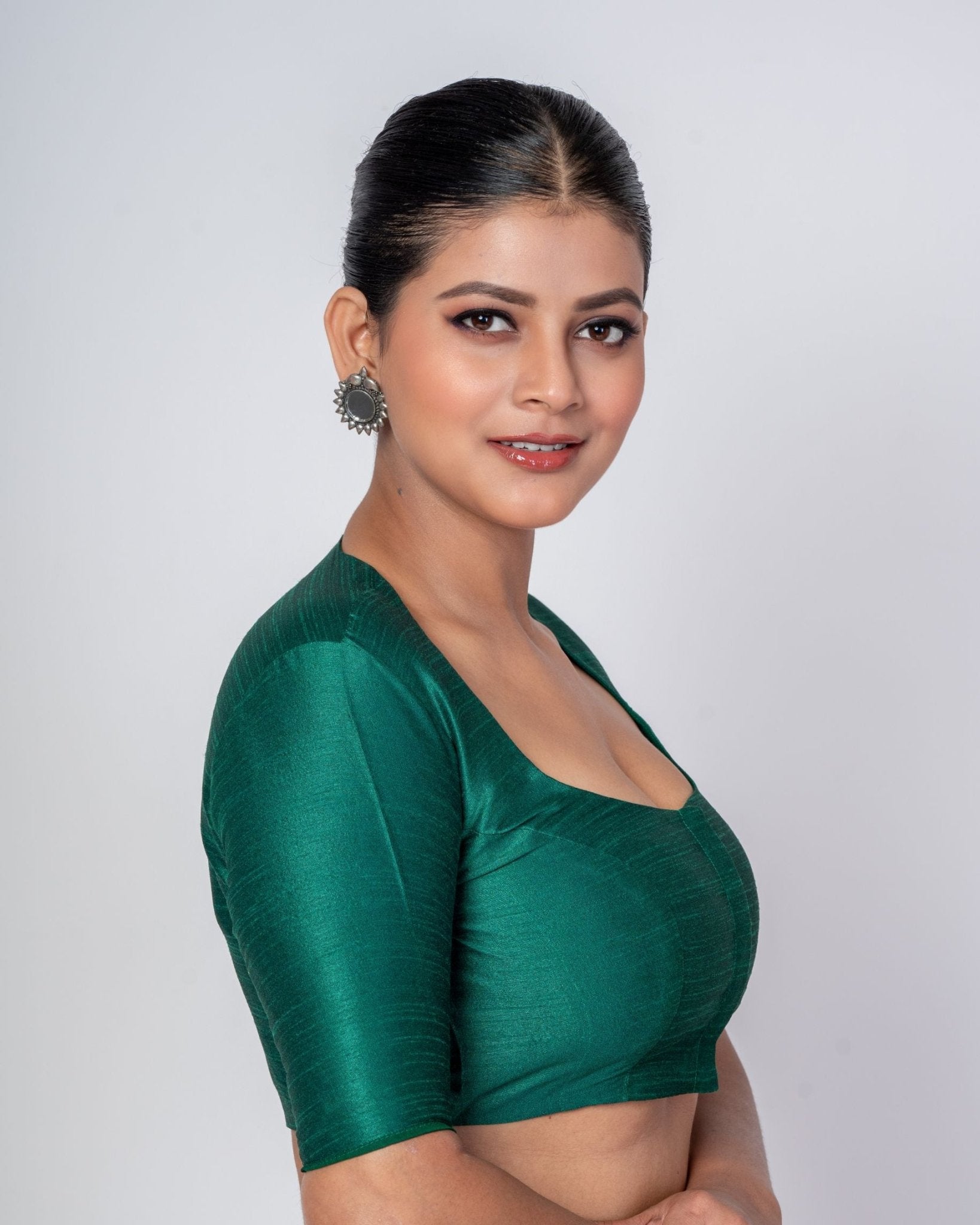 Dark Green Raw Silk Blouse with Deep Round Neckline and Elbow Sleeves - Anvi Couture