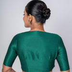 Dark Green Raw Silk Blouse with Deep Round Neckline and Elbow Sleeves - Anvi Couture