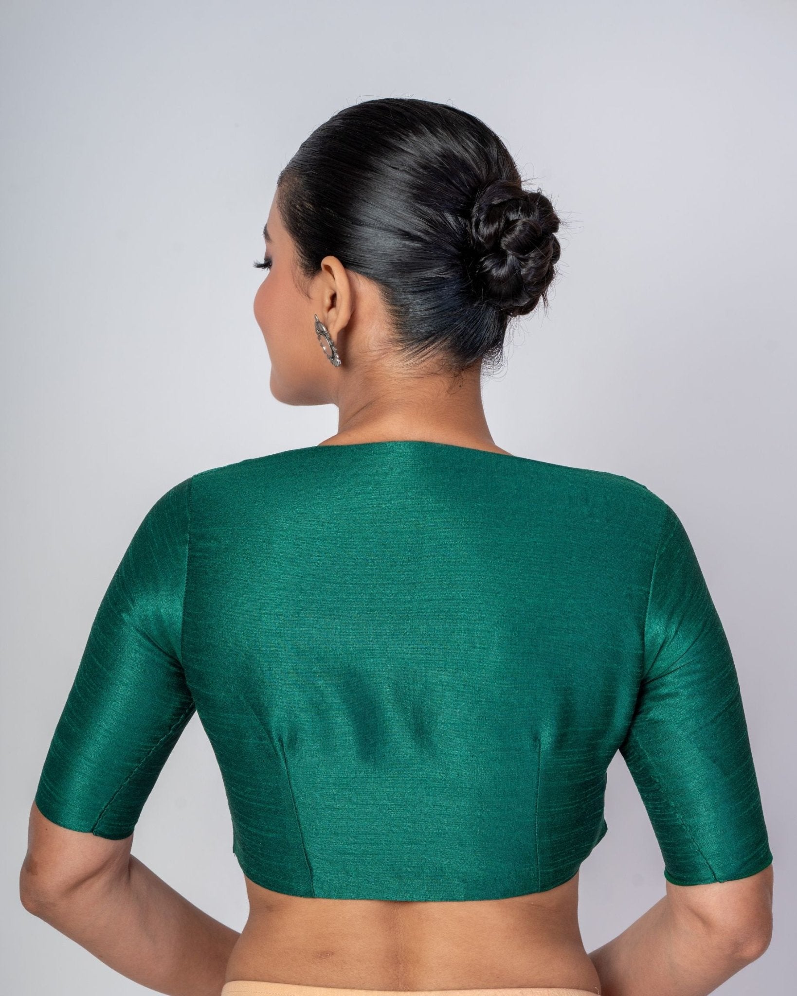 Dark Green Raw Silk Blouse with Deep Round Neckline and Elbow Sleeves - Anvi Couture