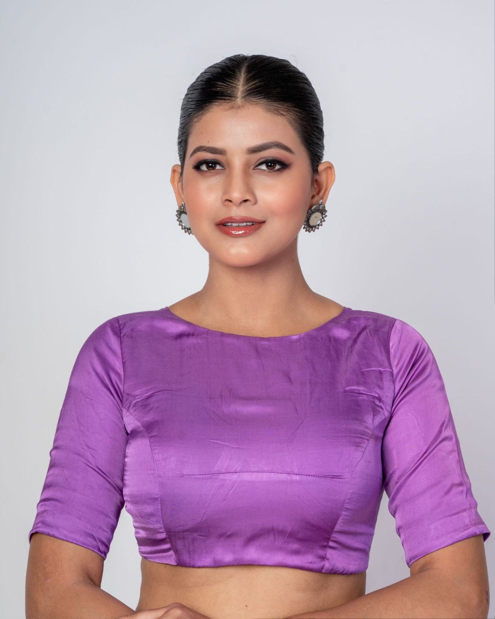 Mauve Color Blouse with Zero Neckline and Elbow Sleeves - Anvi Couture