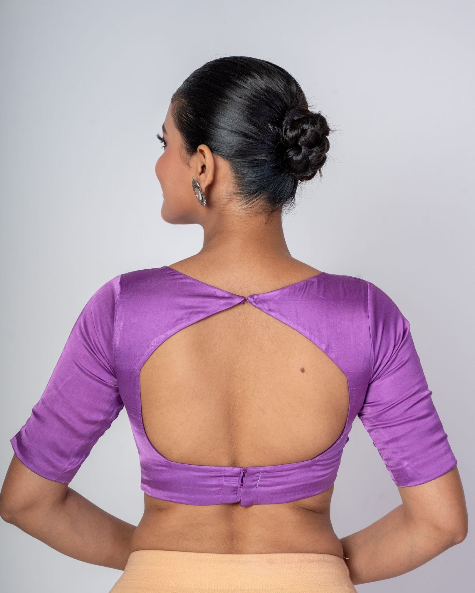 Mauve Color Blouse with Zero Neckline and Elbow Sleeves - Anvi Couture