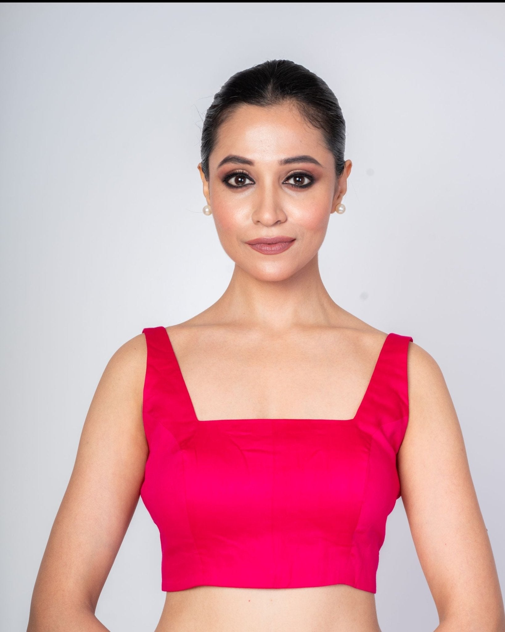 Pink Cotton Silk Square Neck Sleeveless Blouse with Deep V Backcut Out - Anvi Couture