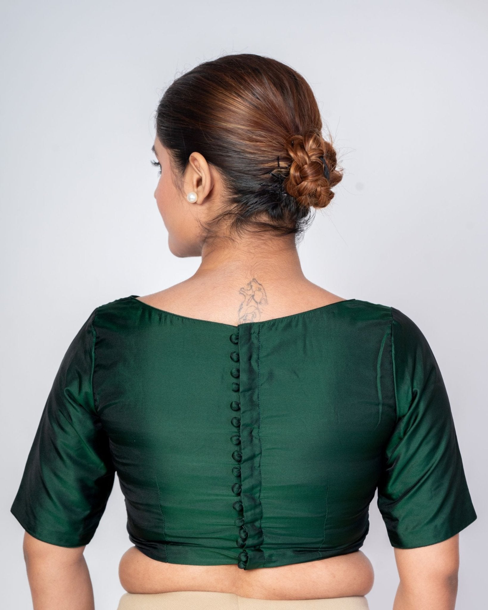 Bottle Green Boat Neck Silk Blouse with Back Button Closer - Anvi Couture