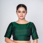 Bottle Green Boat Neck Silk Blouse with Back Button Closer - Anvi Couture