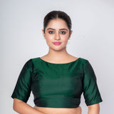 Bottle Green Boat Neck Silk Blouse with Back Button Closer - Anvi Couture