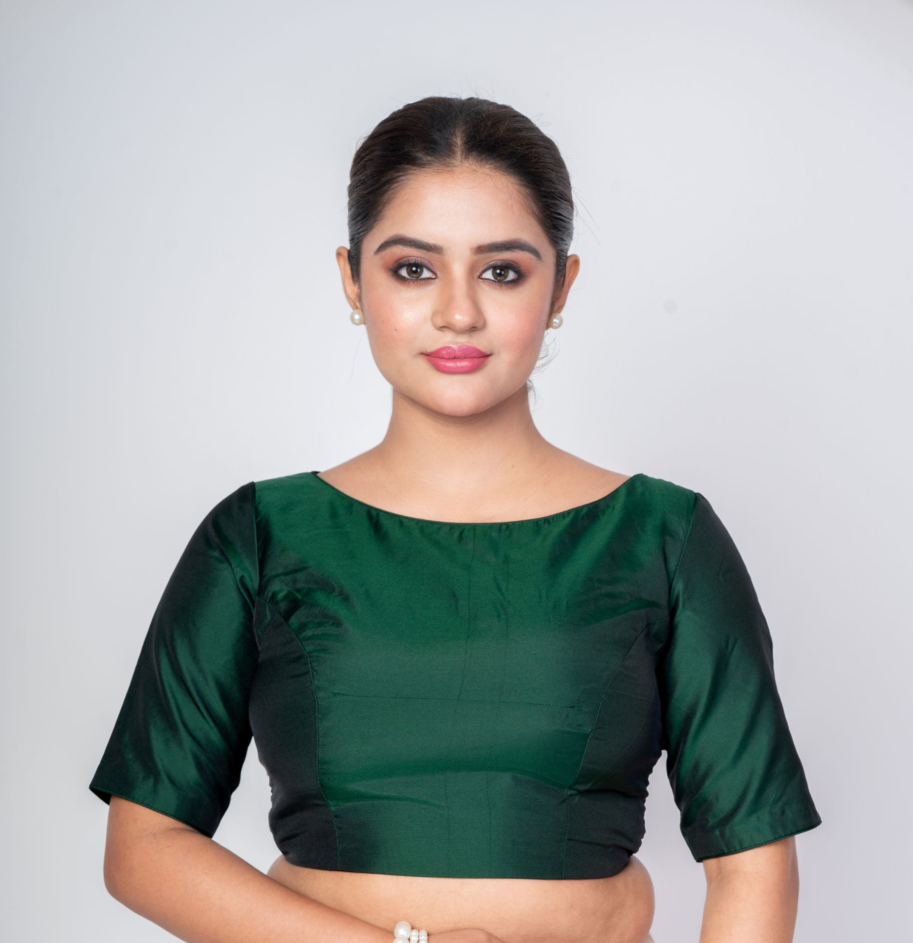 Bottle Green Boat Neck Silk Blouse with Back Button Closer - Anvi Couture