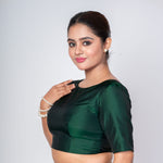 Bottle Green Boat Neck Silk Blouse with Back Button Closer - Anvi Couture