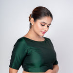 Bottle Green Boat Neck Silk Blouse with Back Button Closer - Anvi Couture