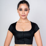 Black Square Neck Blouse with Back Closer and Cap Sleeves - Anvi Couture