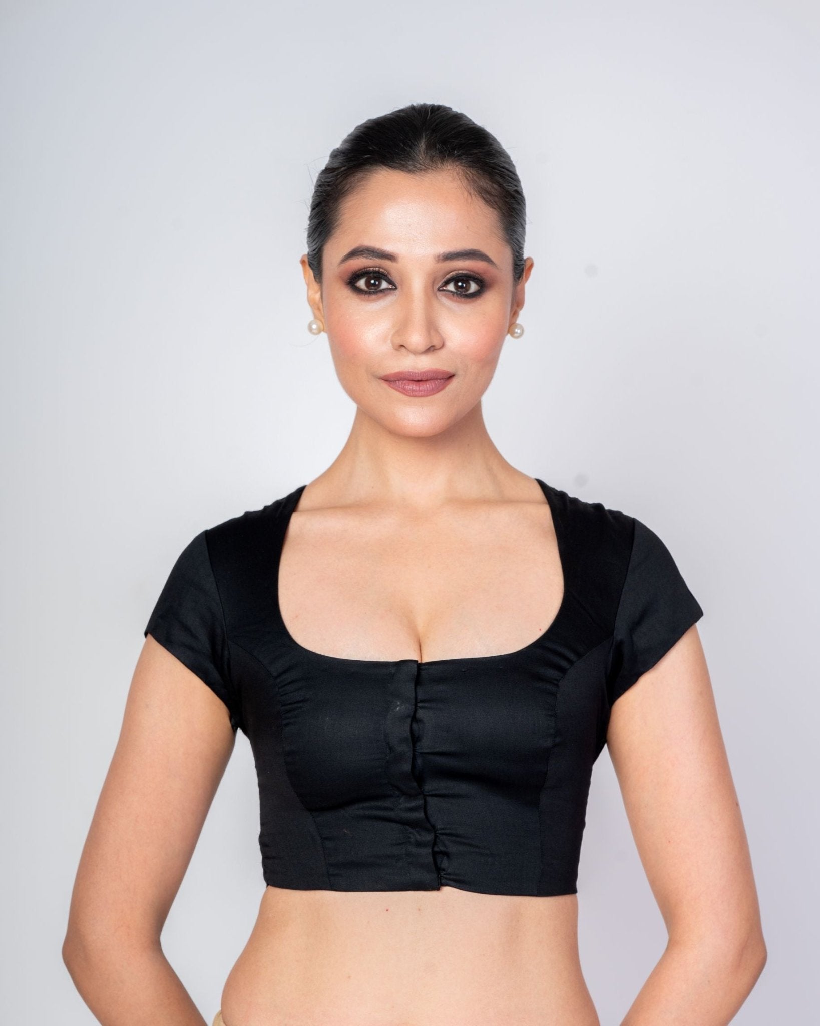 Black Square Neck Blouse with Back Closer and Cap Sleeves - Anvi Couture