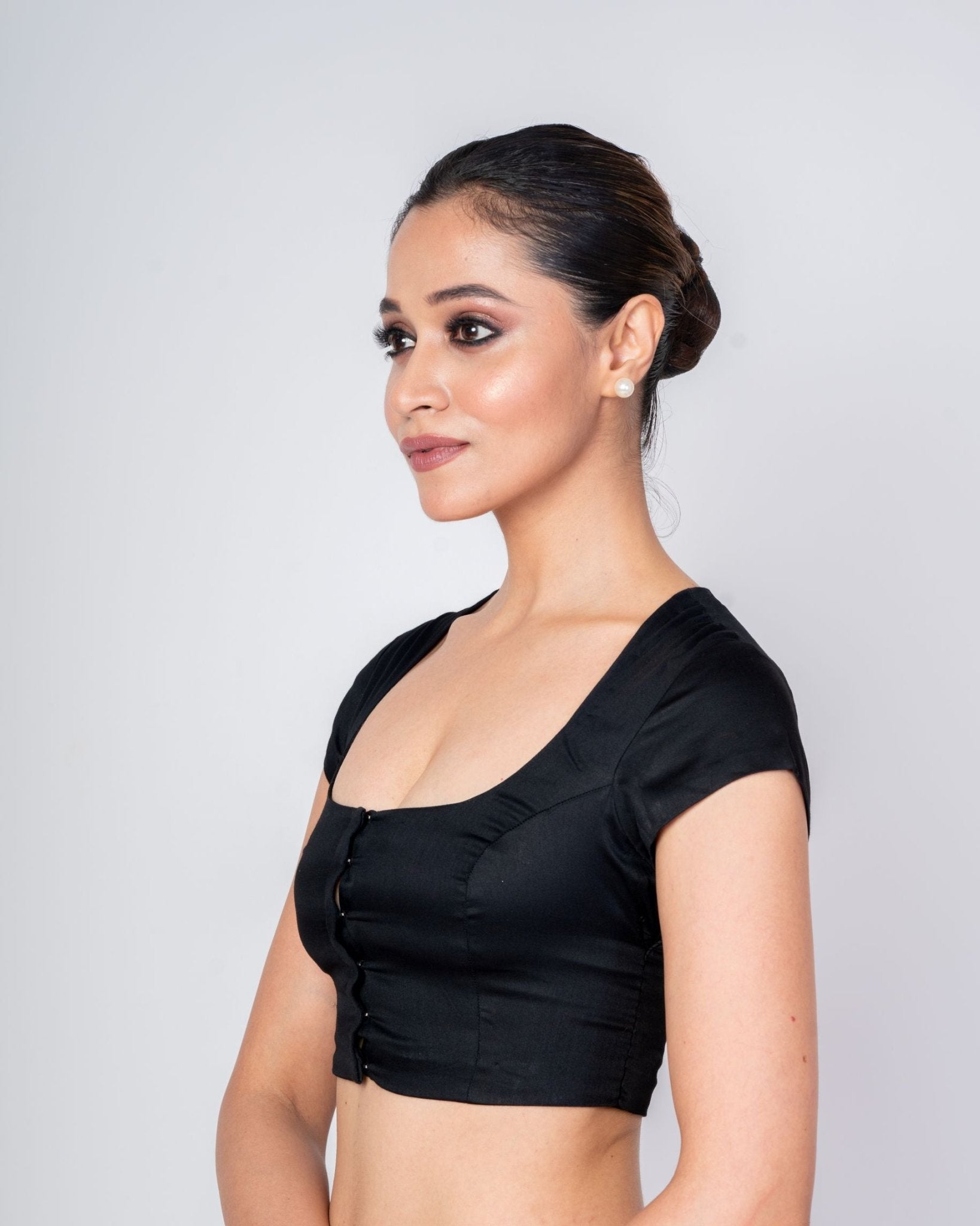 Black Square Neck Blouse with Back Closer and Cap Sleeves - Anvi Couture