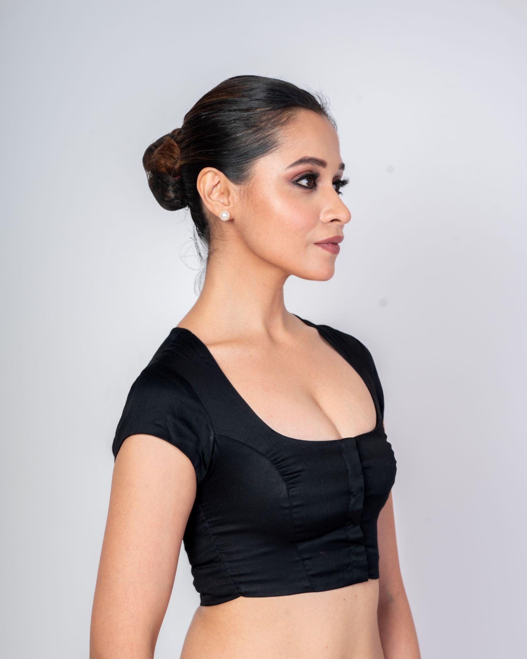 Black Square Neck Blouse with Back Closer and Cap Sleeves - Anvi Couture