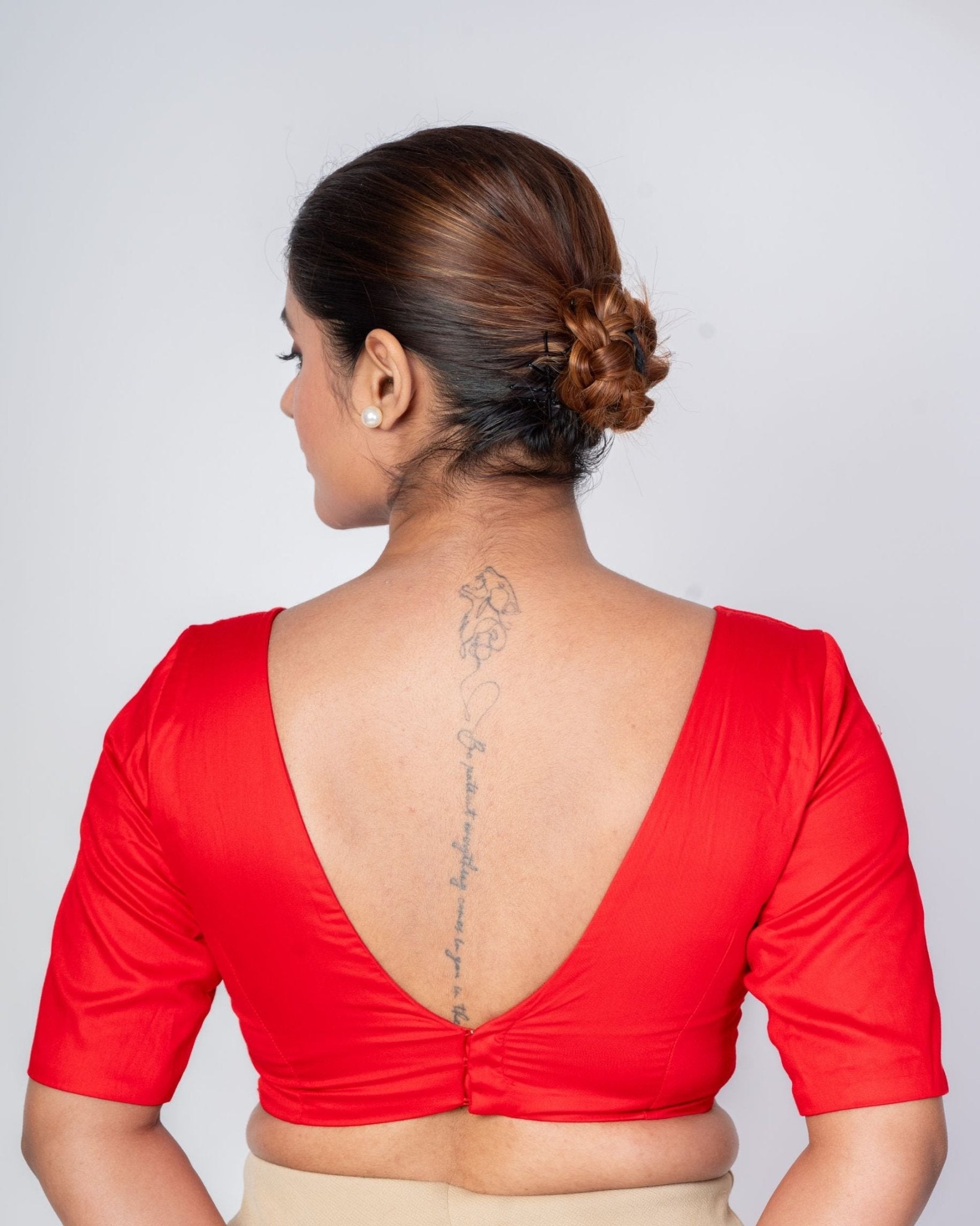 Red Deep V Neck Blouse with Elbow Sleeves & Back Hook Closer - Anvi Couture