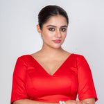 Red Deep V Neck Blouse with Elbow Sleeves & Back Hook Closer - Anvi Couture