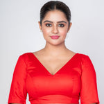 Red Deep V Neck Blouse with Elbow Sleeves & Back Hook Closer - Anvi Couture