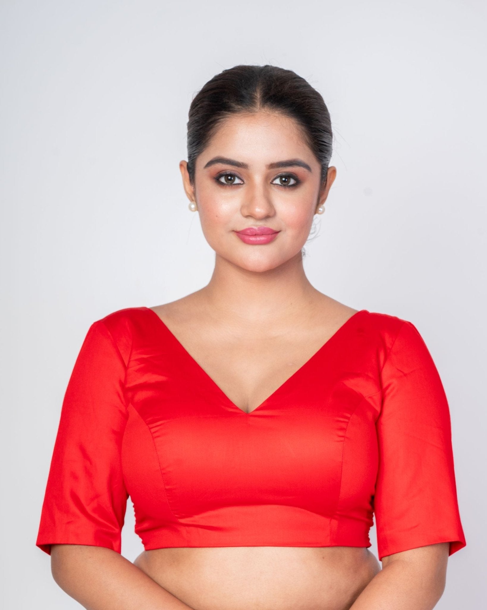 Red Deep V Neck Blouse with Elbow Sleeves & Back Hook Closer - Anvi Couture