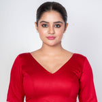 Red Deep V Neck Blouse with Elbow Sleeves & Back Hook Closer - Anvi Couture